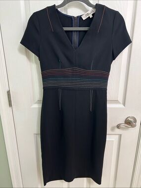 Diane Von Furstenberg Black Midi Dress with Multicolor Waist Stitching